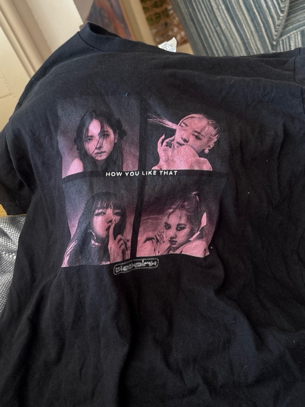 Black Short Sleeve Graphic Tee with Pink Photo Panels